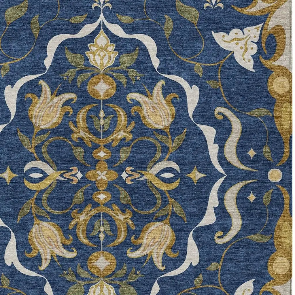 9' X 12' Navy Blue And Blue Damask Washable Indoor Outdoor Area Rug Homeroots Outdoor