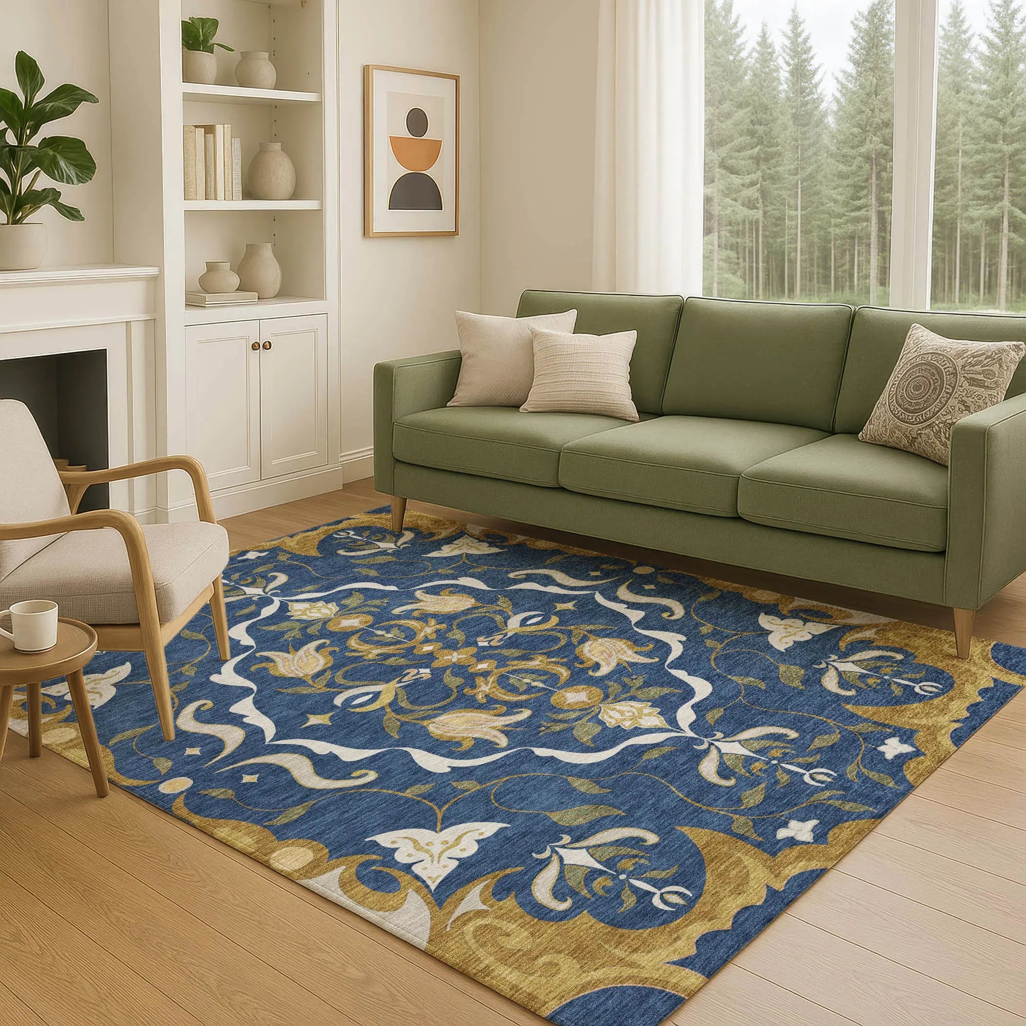 9' X 12' Navy Blue And Blue Damask Washable Indoor Outdoor Area Rug Homeroots Outdoor