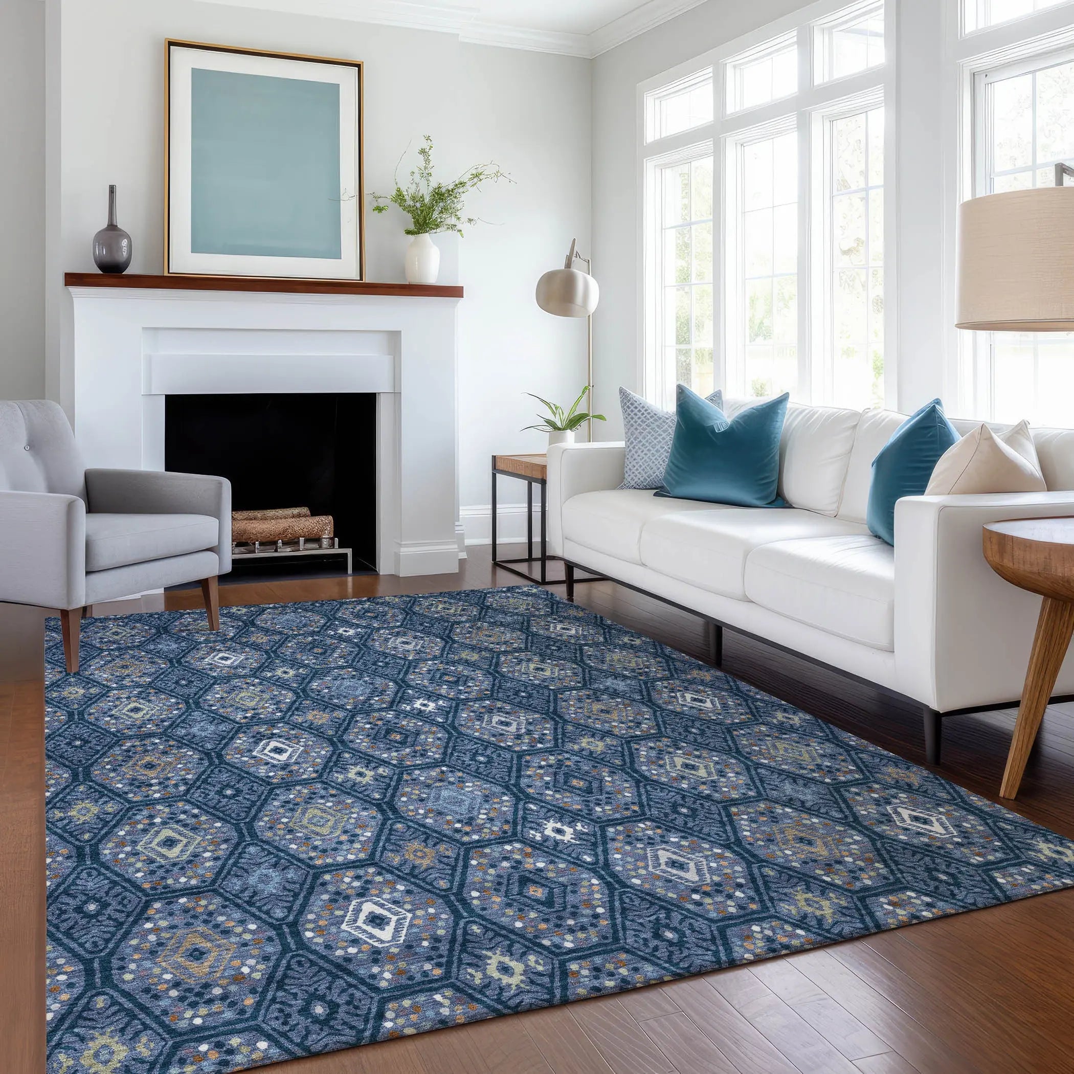 9' X 12' Navy Blue And Blue Geometric Washable Indoor Outdoor Area Rug Homeroots Outdoor