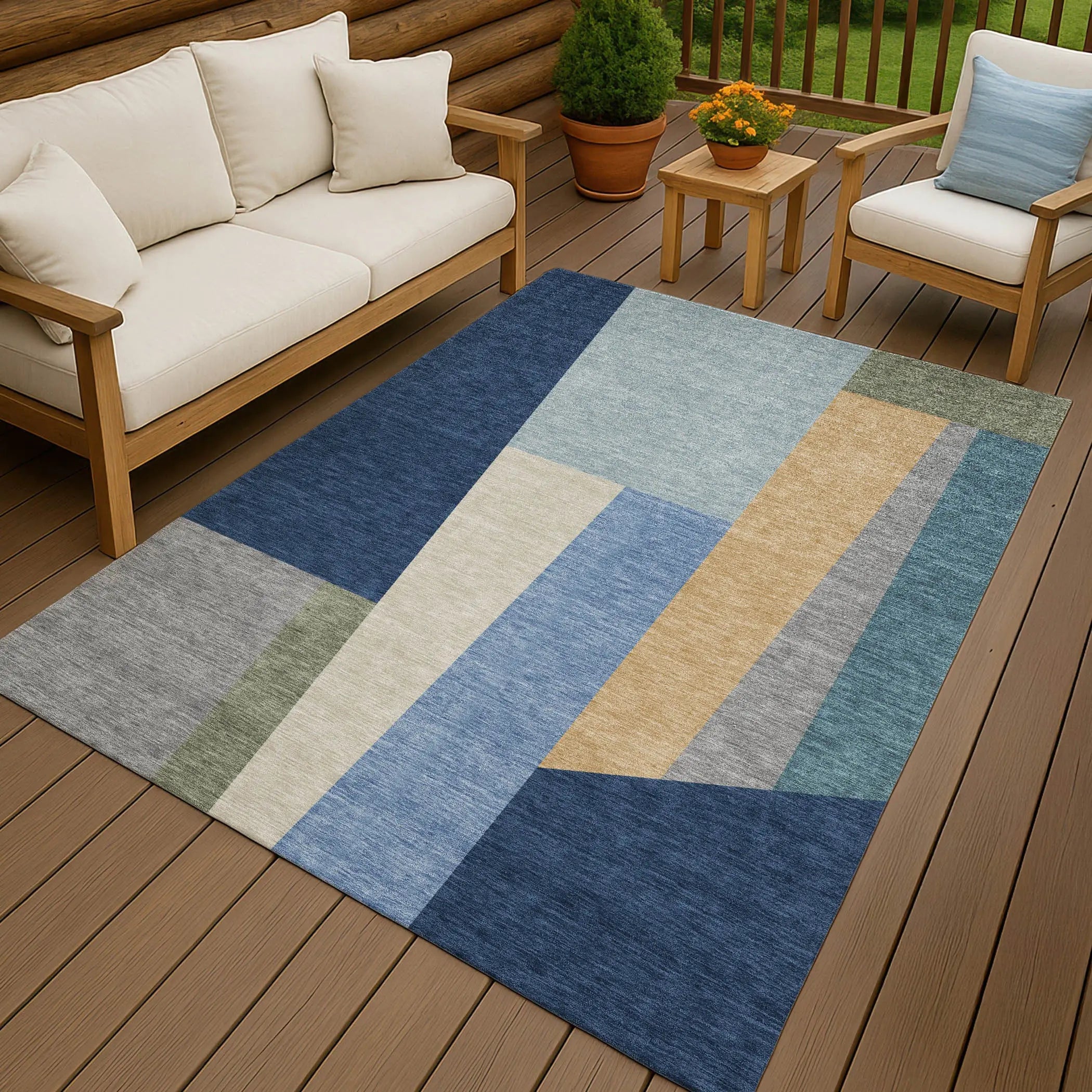 9' X 12' Navy Blue And Blue Geometric Washable Indoor Outdoor Area Rug Homeroots Outdoor