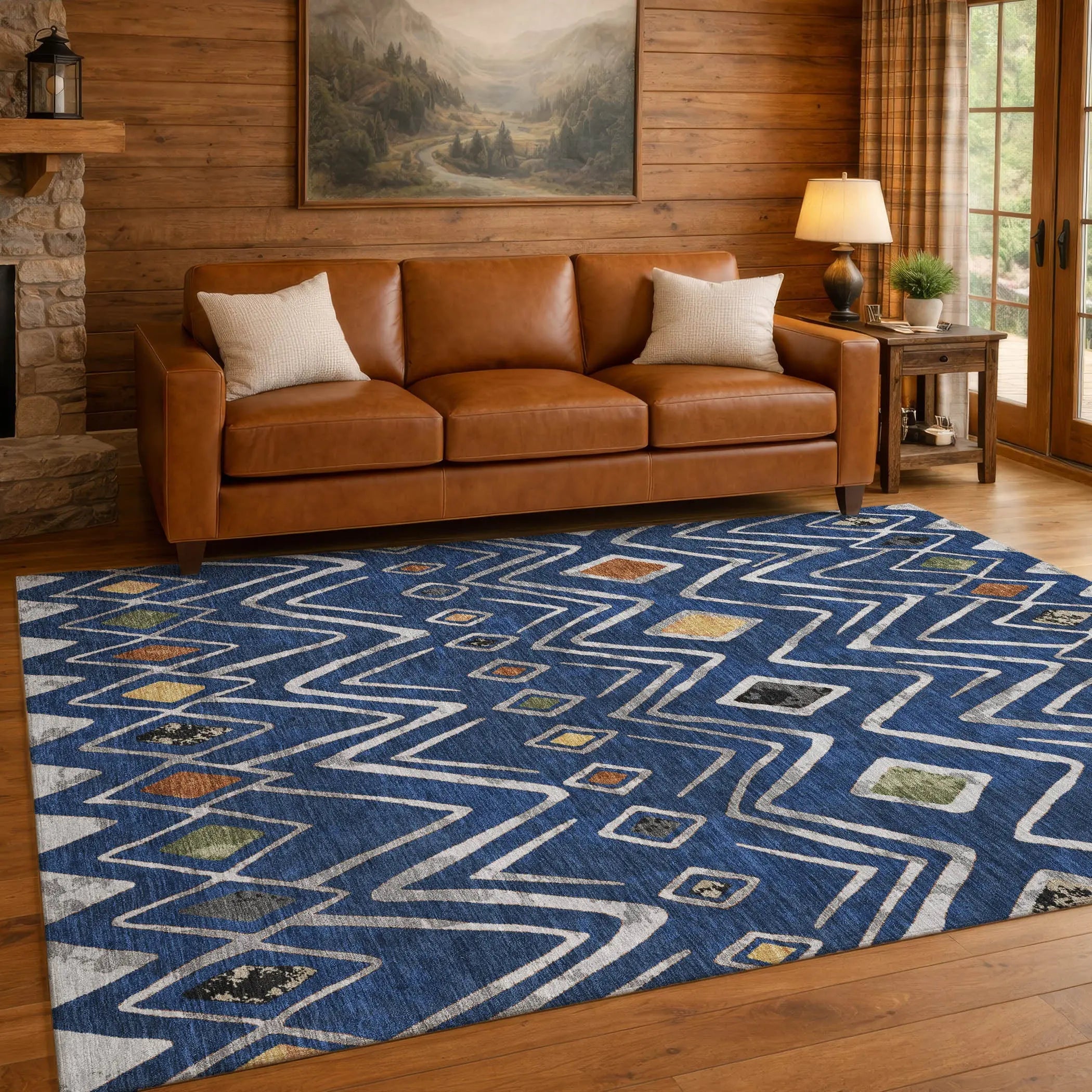 9' X 12' Navy Blue And Blue Geometric Washable Indoor Outdoor Area Rug Homeroots Outdoor