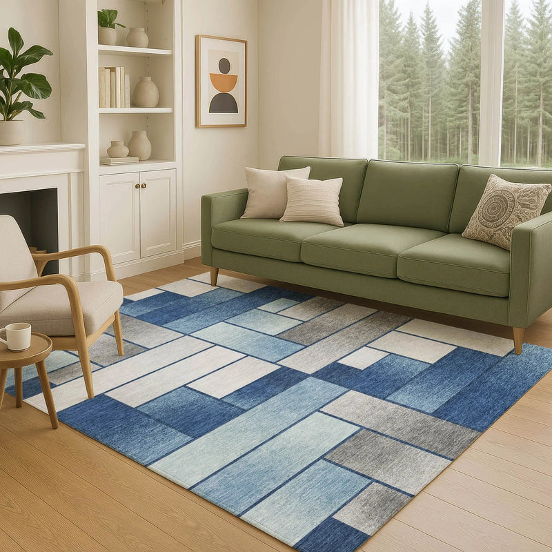 9' X 12' Navy Blue And Blue Geometric Washable Indoor Outdoor Area Rug Homeroots Outdoor