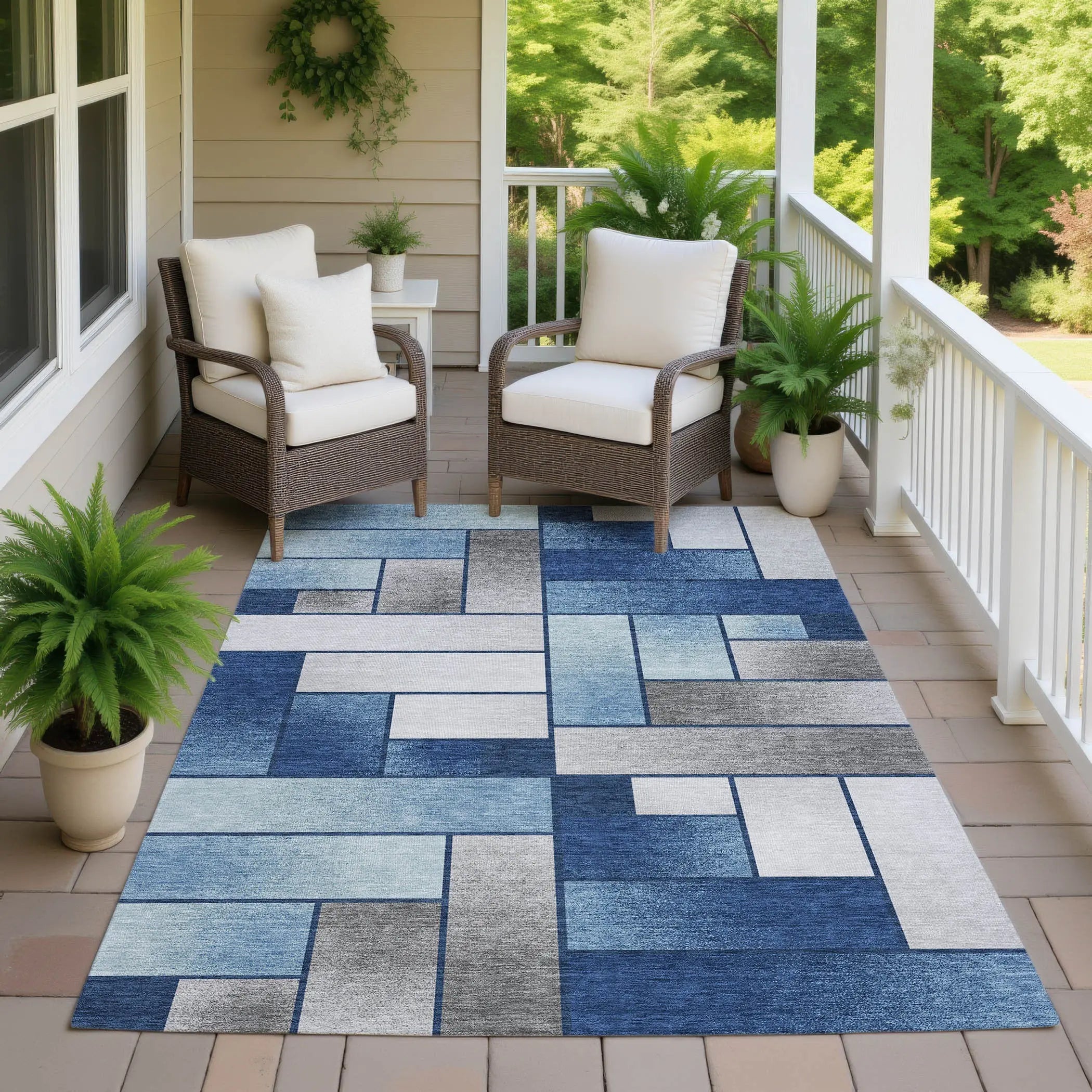 9' X 12' Navy Blue And Blue Geometric Washable Indoor Outdoor Area Rug Homeroots Outdoor