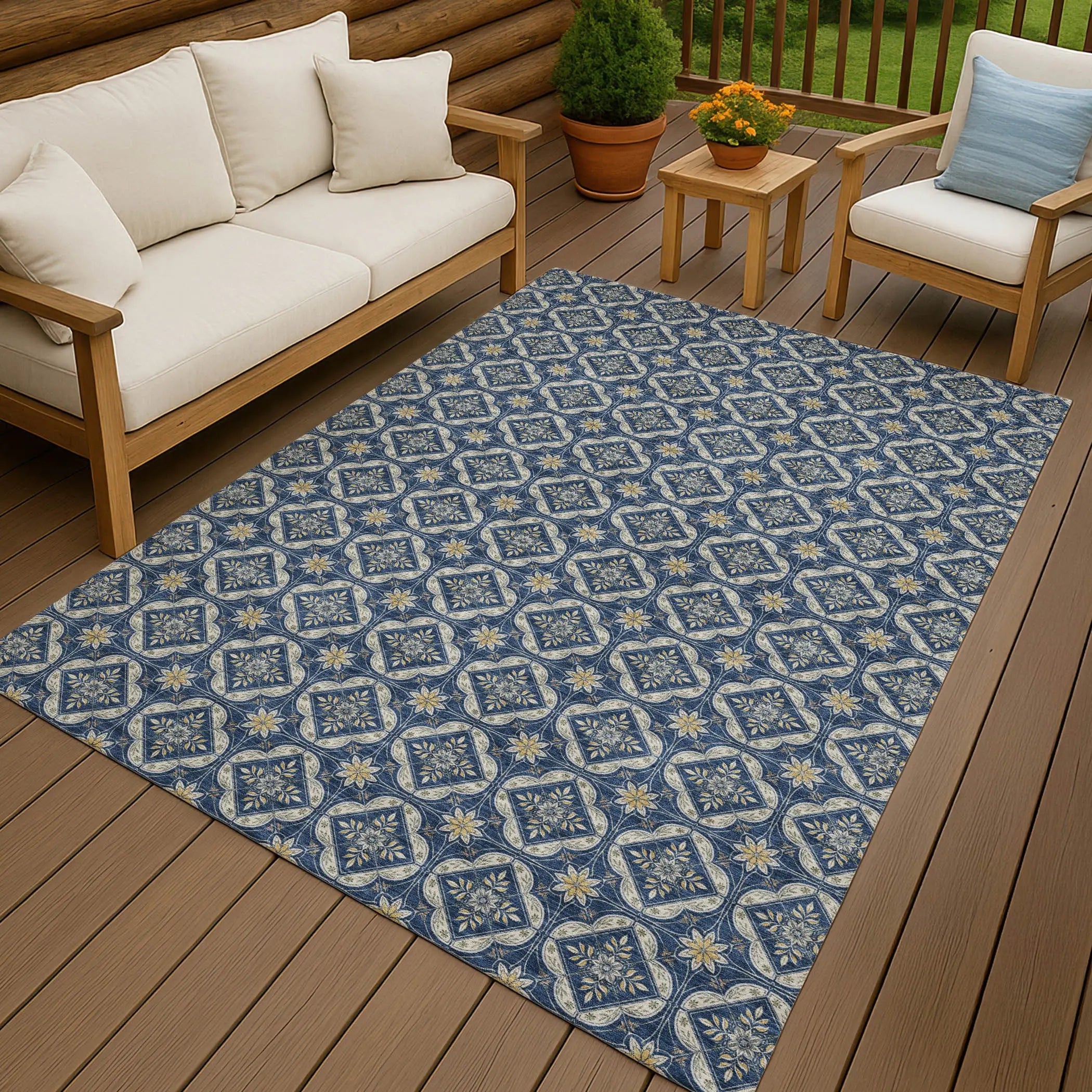 9' X 12' Navy Blue And Blue Geometric Washable Indoor Outdoor Area Rug Homeroots Outdoor