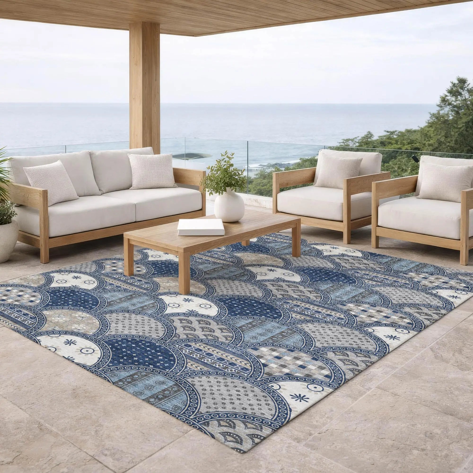 9' X 12' Navy Blue And Blue Geometric Washable Indoor Outdoor Area Rug Homeroots Outdoor