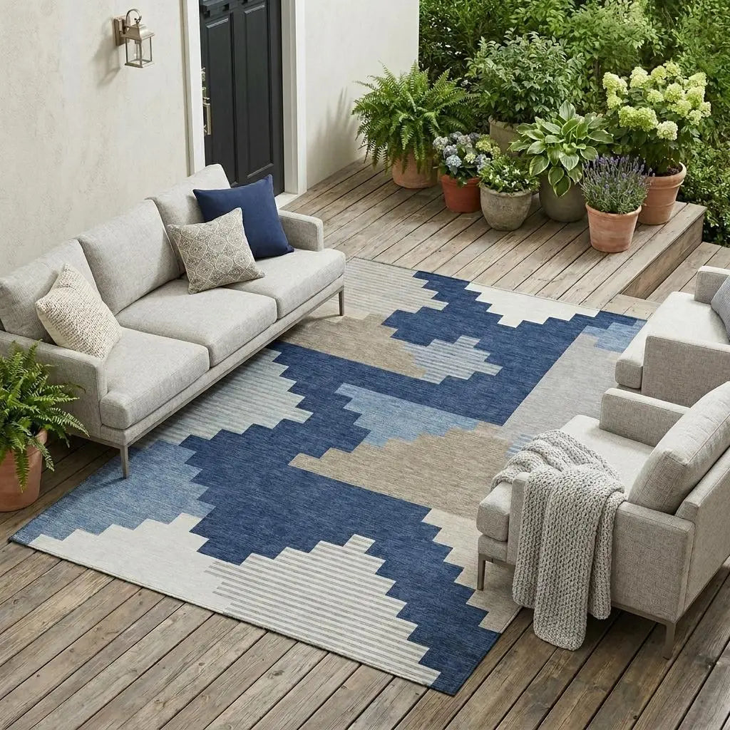 9' X 12' Navy Blue And Blue Geometric Washable Indoor Outdoor Area Rug Homeroots Outdoor