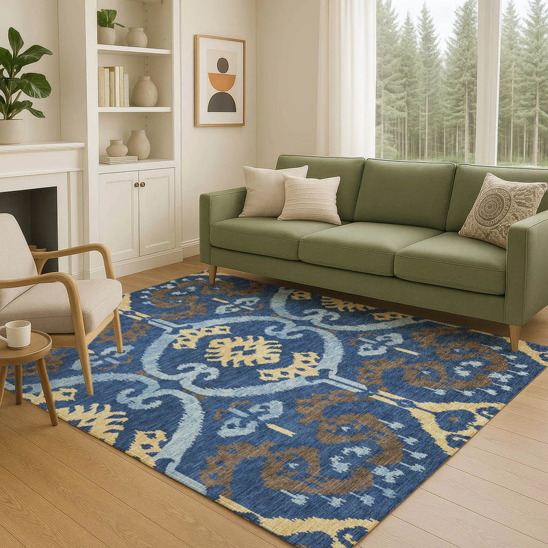 9' X 12' Navy Blue And Blue Ikat Washable Indoor Outdoor Area Rug Homeroots Outdoor