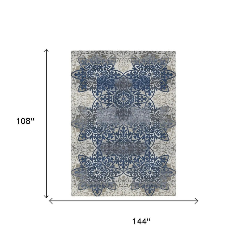 9' X 12' Navy Blue And Blue Oriental Washable Indoor Outdoor Area Rug Homeroots Outdoor