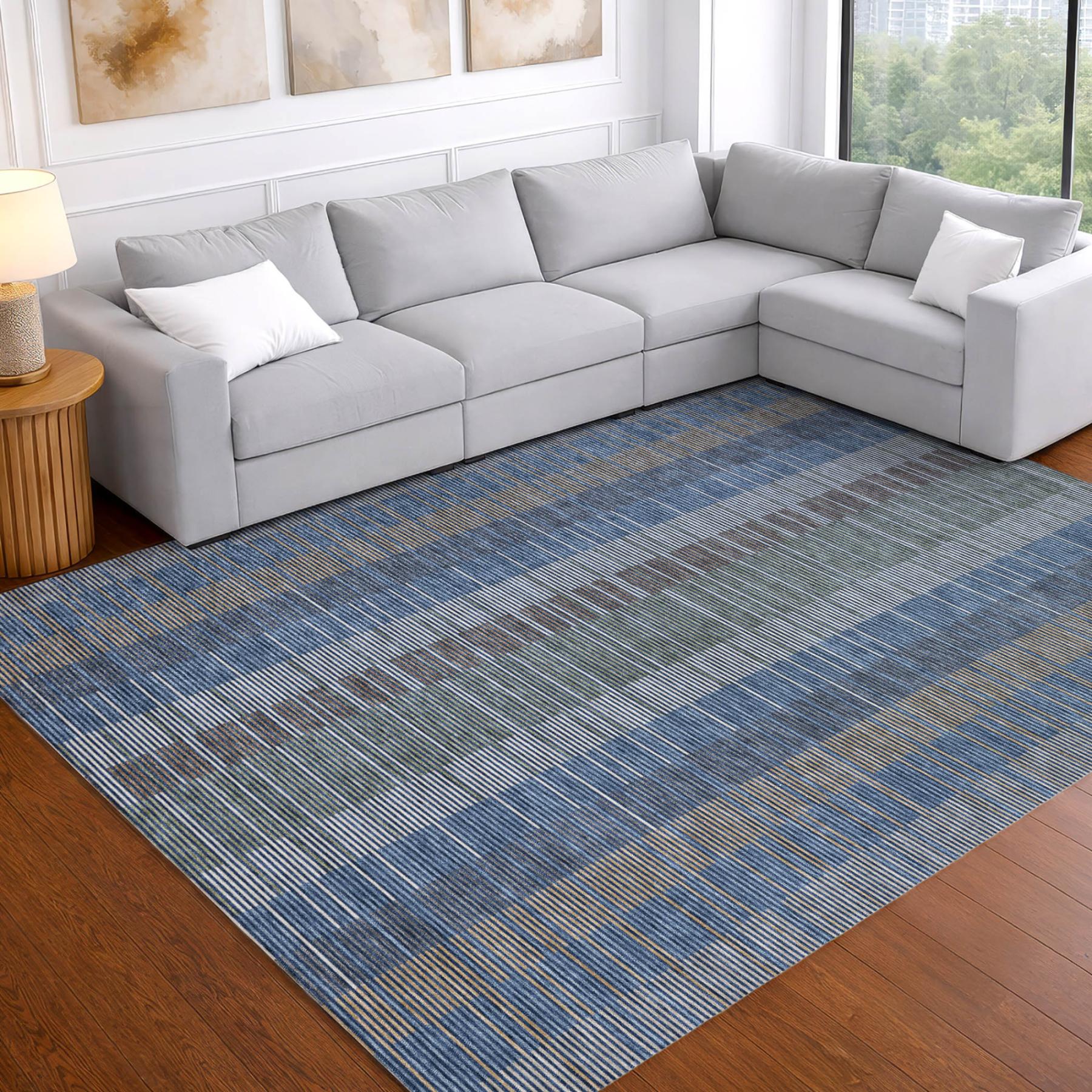 9' X 12' Navy Blue And Blue Striped Washable Indoor Outdoor Area Rug Homeroots Outdoor