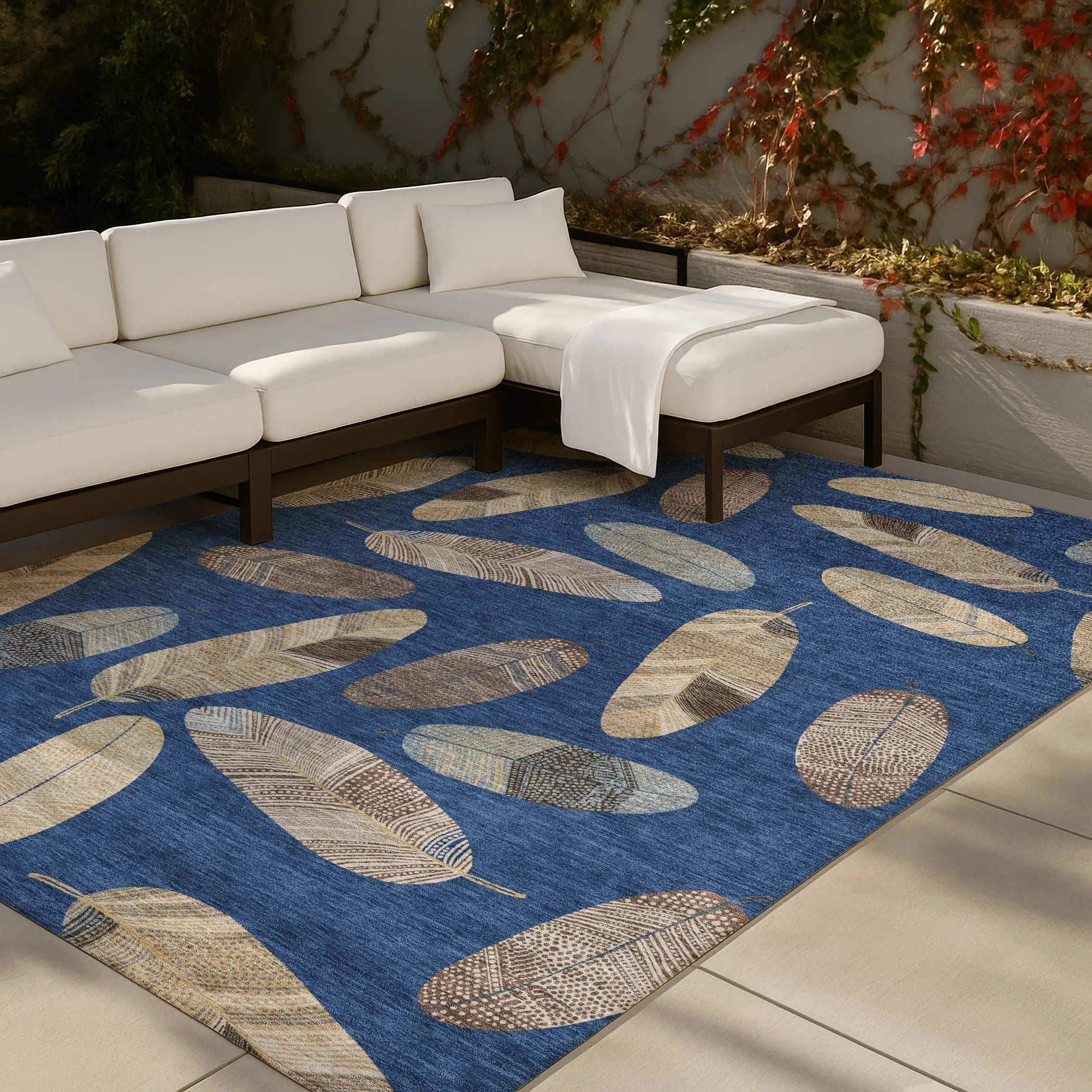 9' X 12' Navy Blue And Brown Botanical Leaves Washable Indoor Outdoor Area Rug Homeroots Outdoor