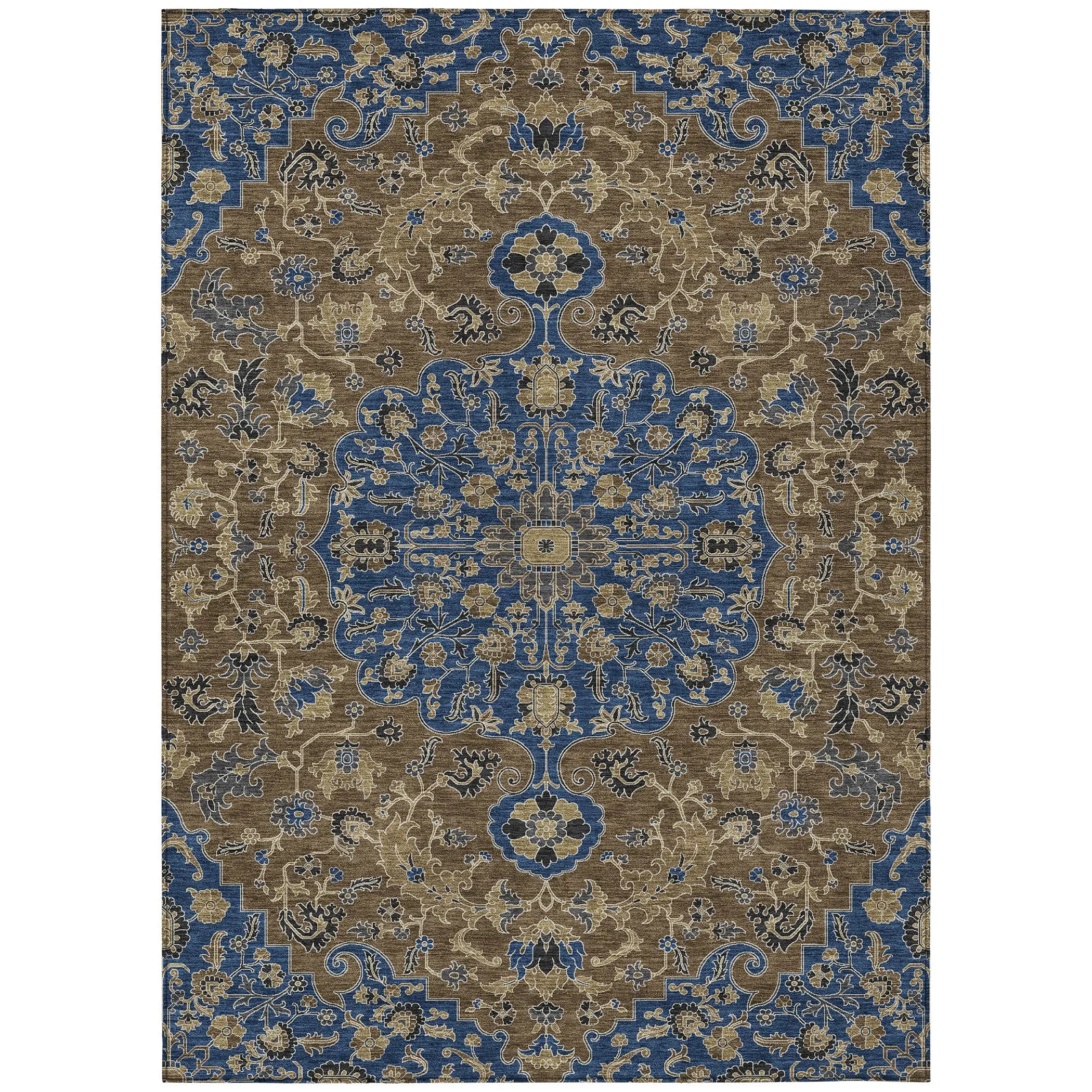 9' X 12' Navy Blue And Brown Floral Medallion Washable Indoor Outdoor Area Rug Homeroots Outdoor
