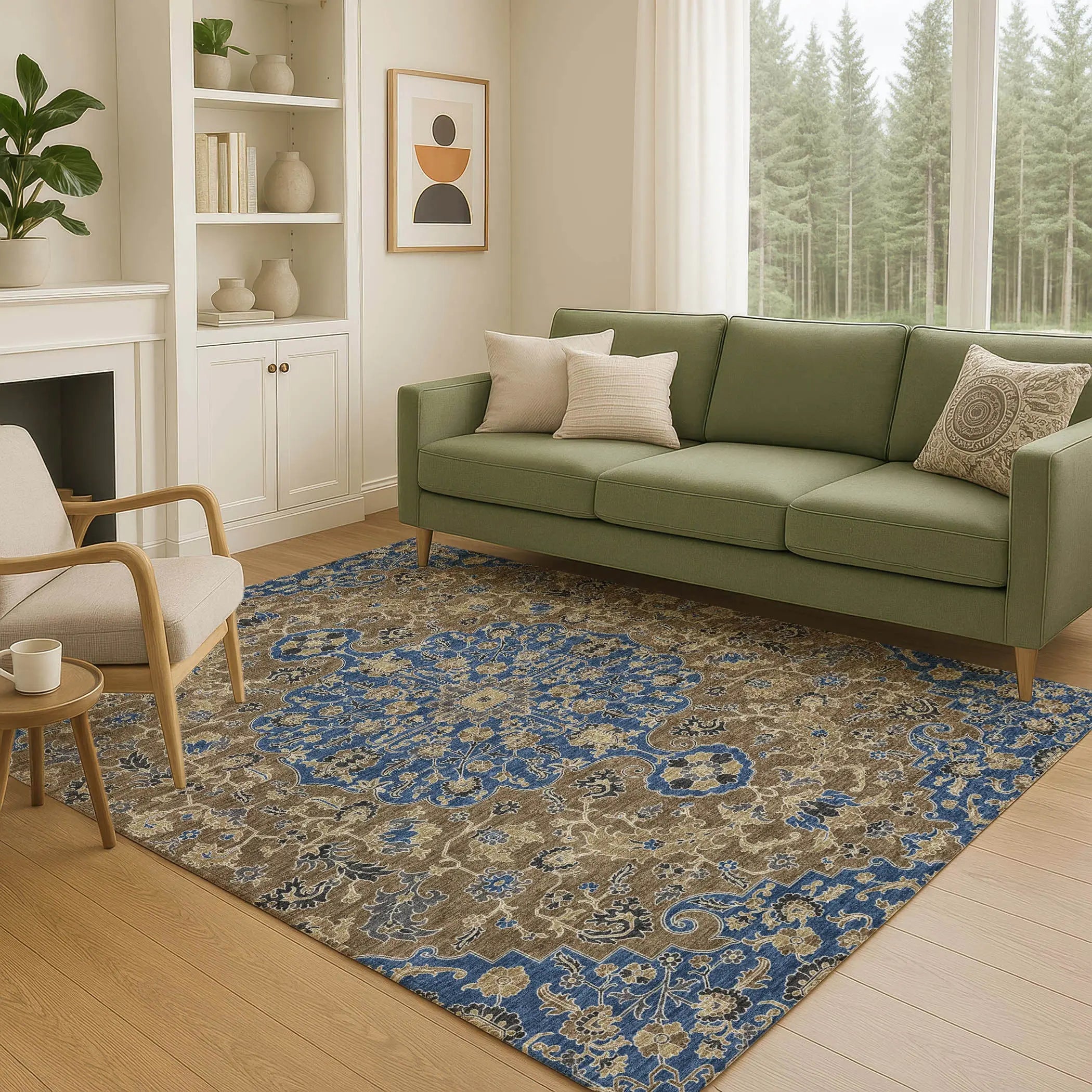 9' X 12' Navy Blue And Brown Floral Medallion Washable Indoor Outdoor Area Rug Homeroots Outdoor