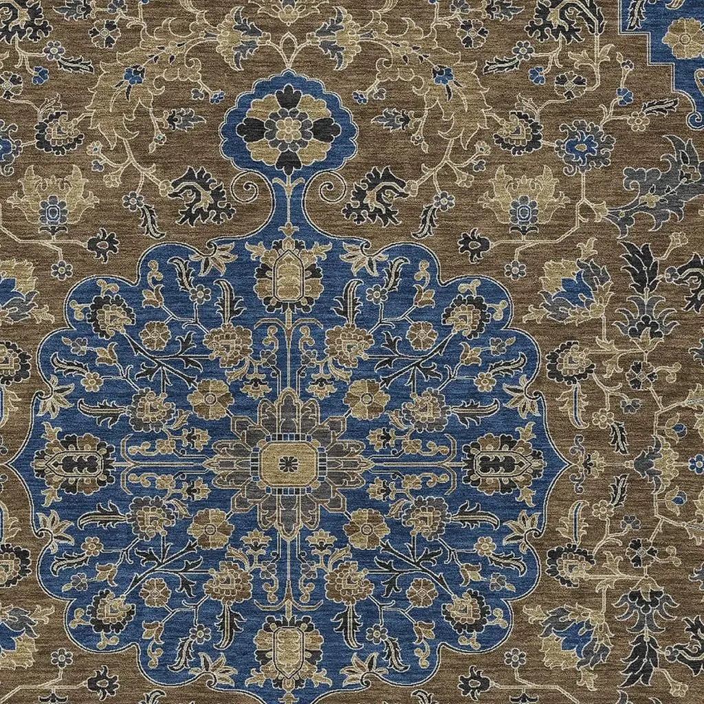 9' X 12' Navy Blue And Brown Floral Medallion Washable Indoor Outdoor Area Rug Homeroots Outdoor