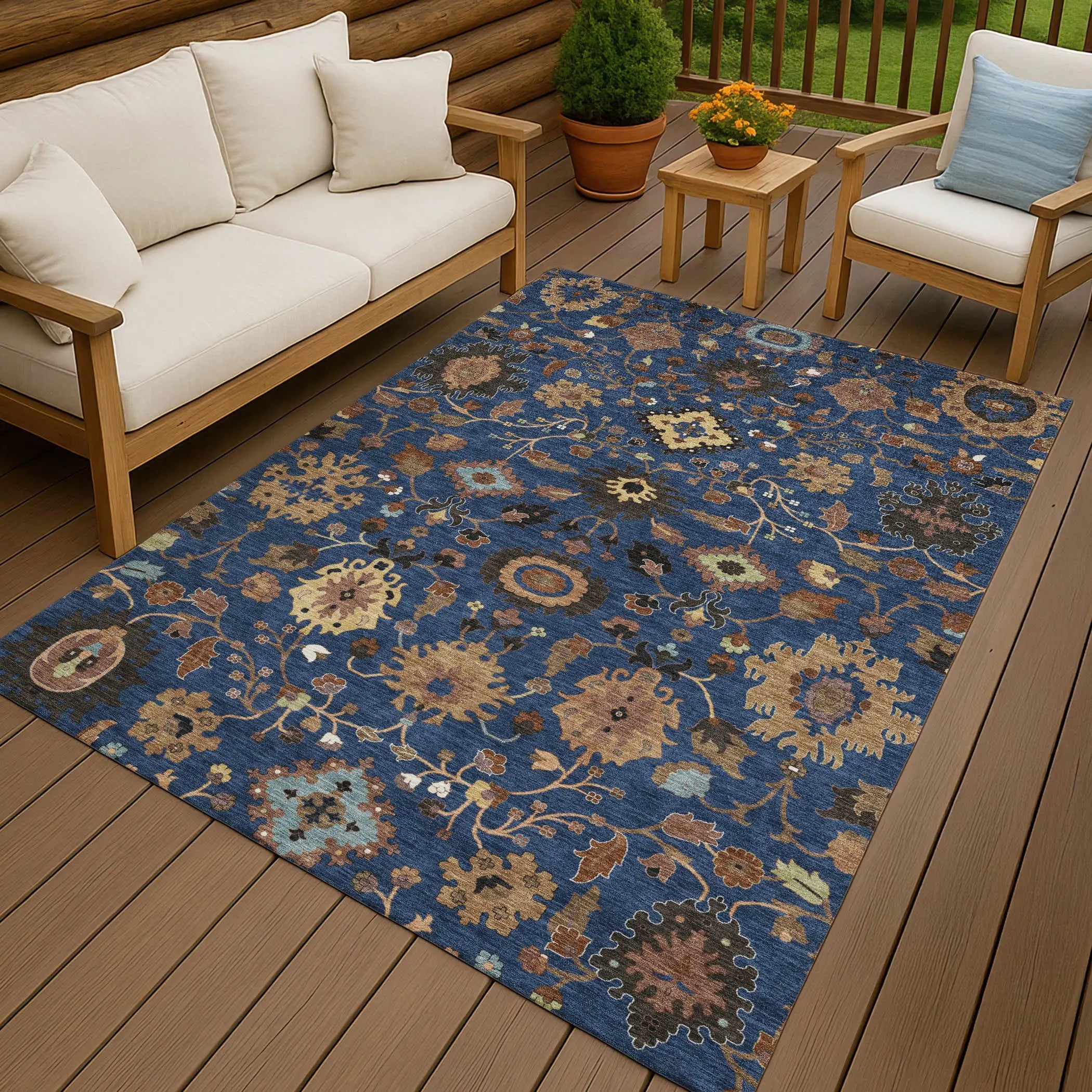 9' X 12' Navy Blue And Copper Floral Medallion Washable Indoor Outdoor Area Rug Homeroots Outdoor