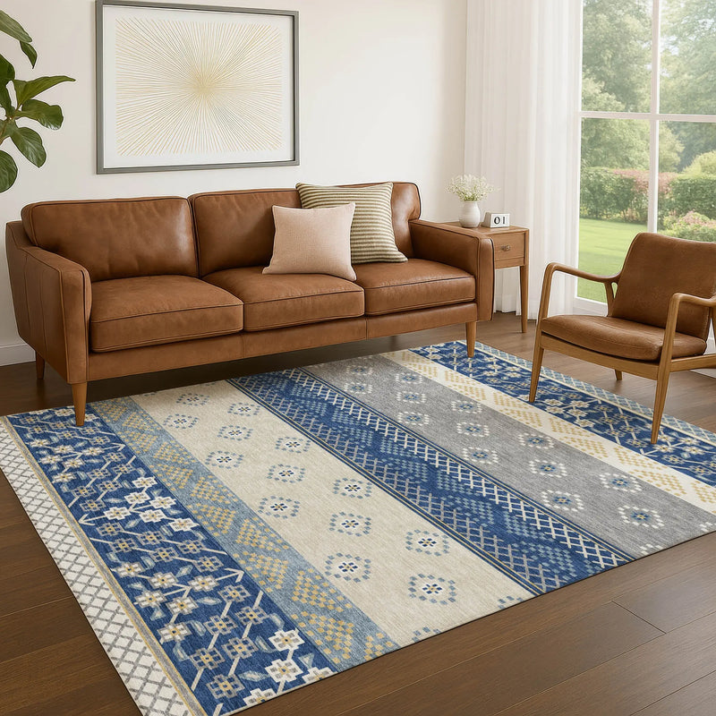 9' X 12' Navy Blue And Copper Striped Washable Indoor Outdoor Area Rug Homeroots Outdoor