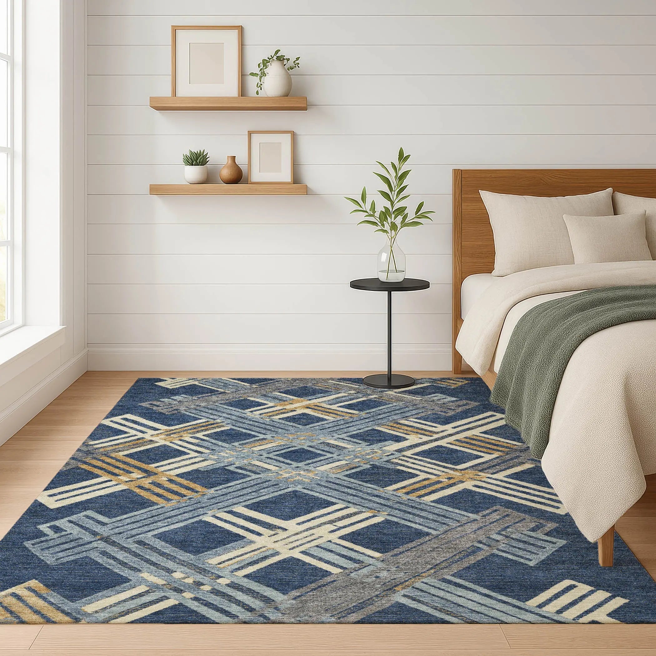 9' X 12' Navy Blue And Denim Blue Geometric Washable Indoor Outdoor Area Rug Homeroots Outdoor