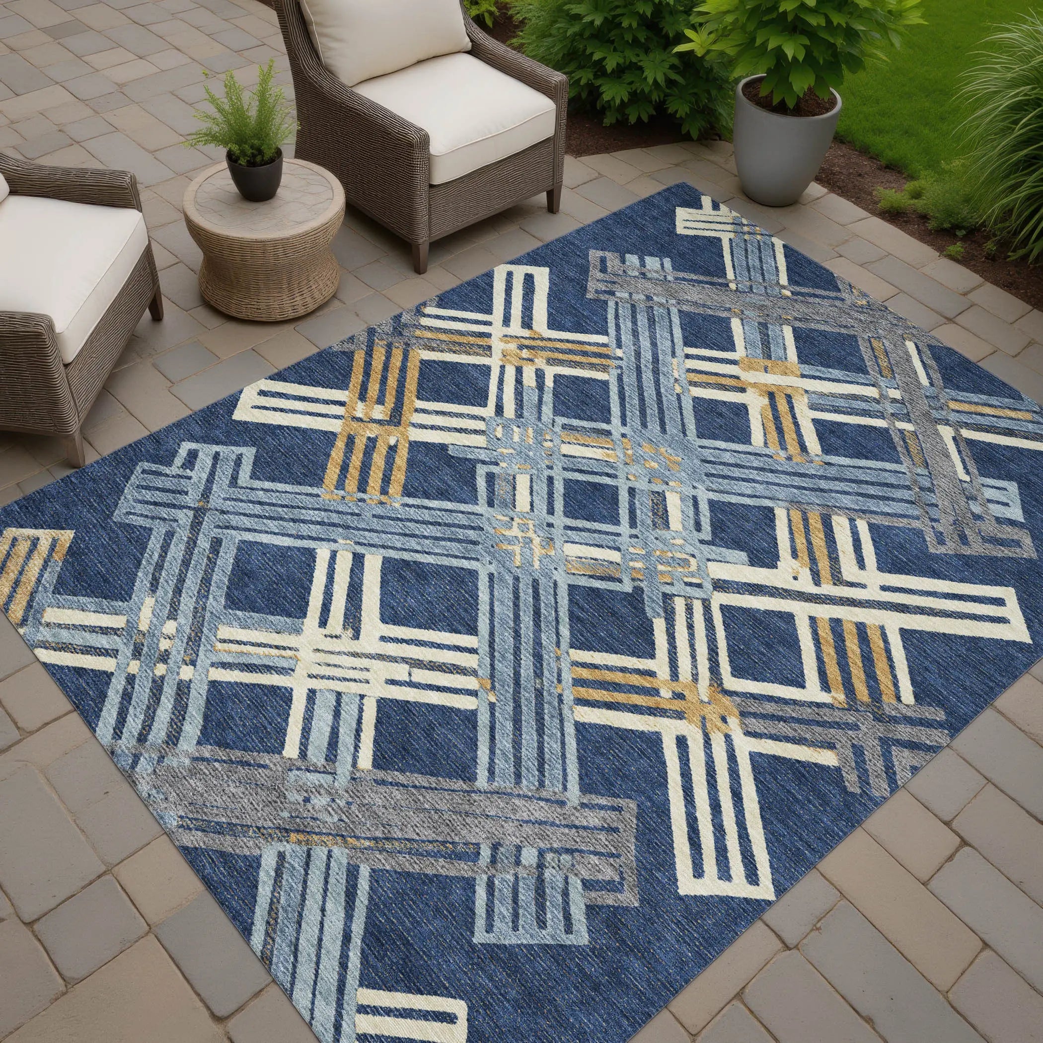 9' X 12' Navy Blue And Denim Blue Geometric Washable Indoor Outdoor Area Rug Homeroots Outdoor