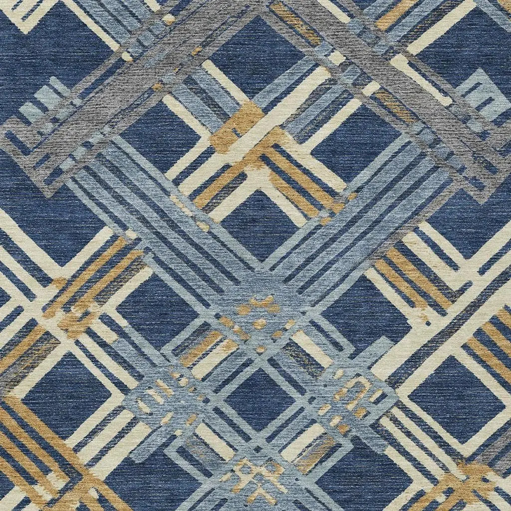 9' X 12' Navy Blue And Denim Blue Geometric Washable Indoor Outdoor Area Rug Homeroots Outdoor