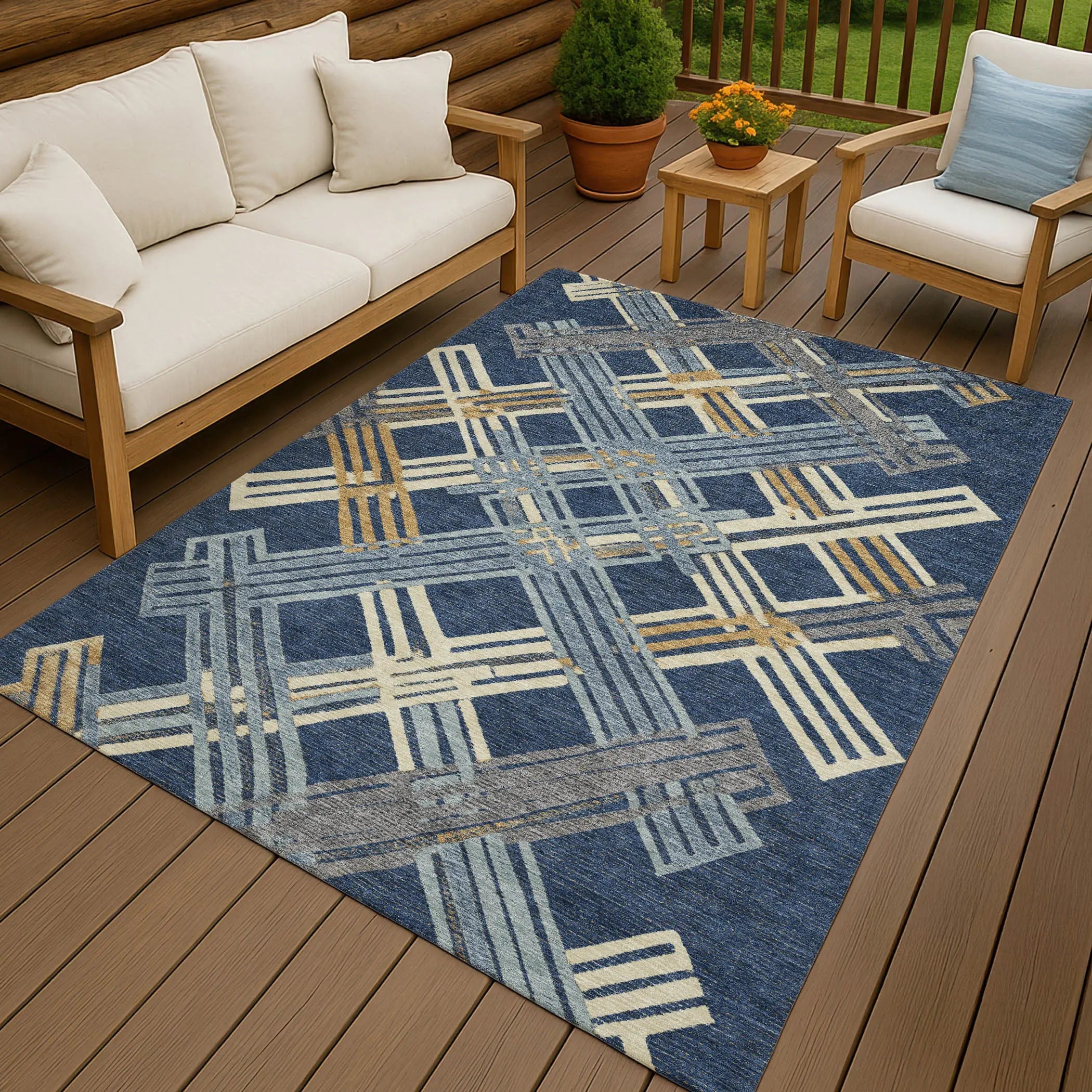 9' X 12' Navy Blue And Denim Blue Geometric Washable Indoor Outdoor Area Rug Homeroots Outdoor