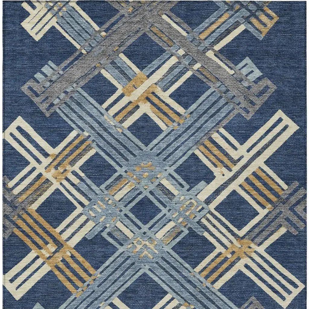9' X 12' Navy Blue And Denim Blue Geometric Washable Indoor Outdoor Area Rug Homeroots Outdoor