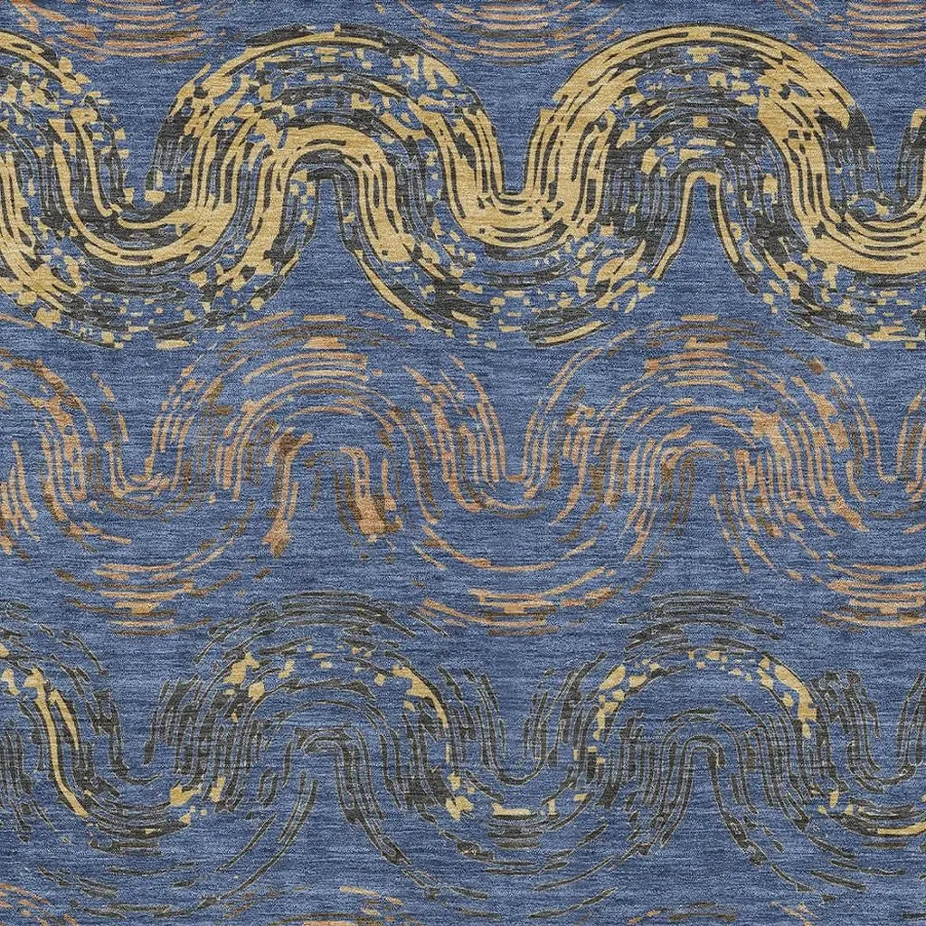 9' X 12' Navy Blue And Gold Abstract Washable Indoor Outdoor Area Rug Homeroots Outdoor