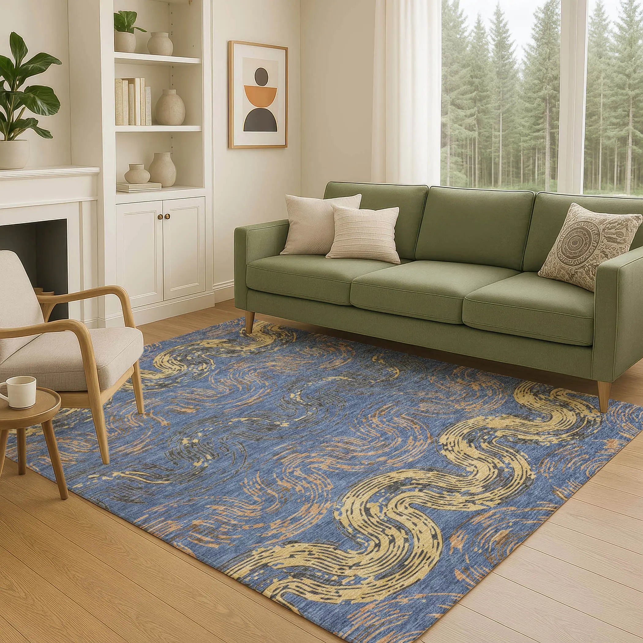 9' X 12' Navy Blue And Gold Abstract Washable Indoor Outdoor Area Rug Homeroots Outdoor