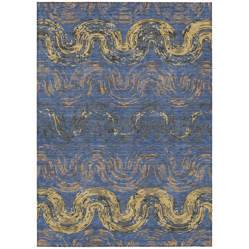 9' X 12' Navy Blue And Gold Abstract Washable Indoor Outdoor Area Rug Homeroots Outdoor