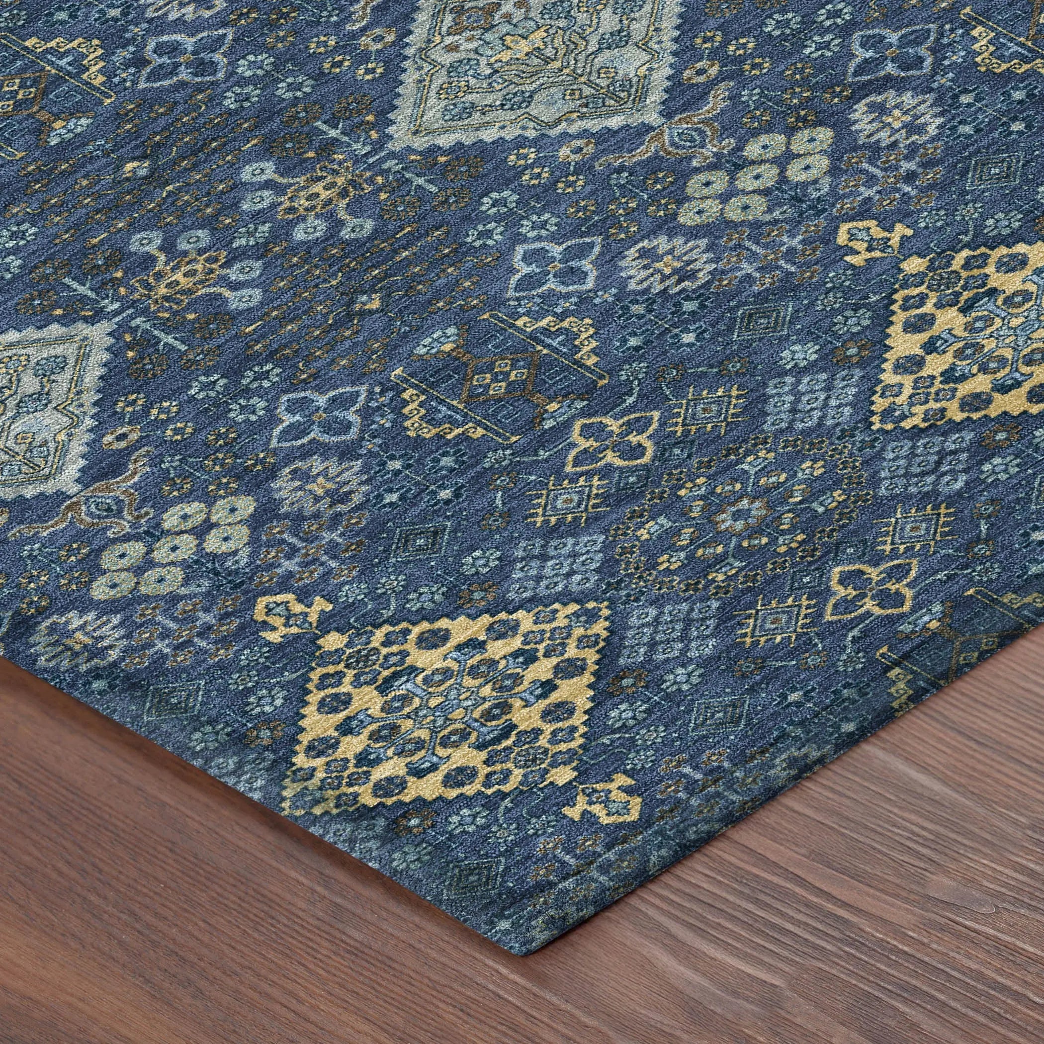 9' X 12' Navy Blue And Gold Geometric Washable Indoor Outdoor Area Rug Homeroots Outdoor