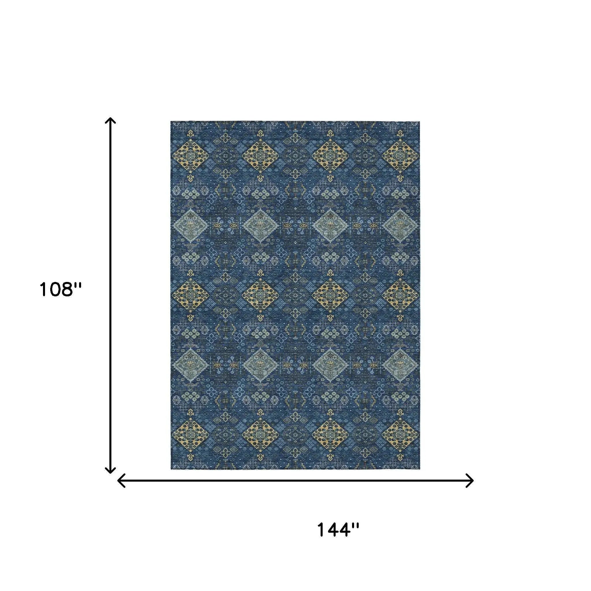 9' X 12' Navy Blue And Gold Geometric Washable Indoor Outdoor Area Rug Homeroots Outdoor