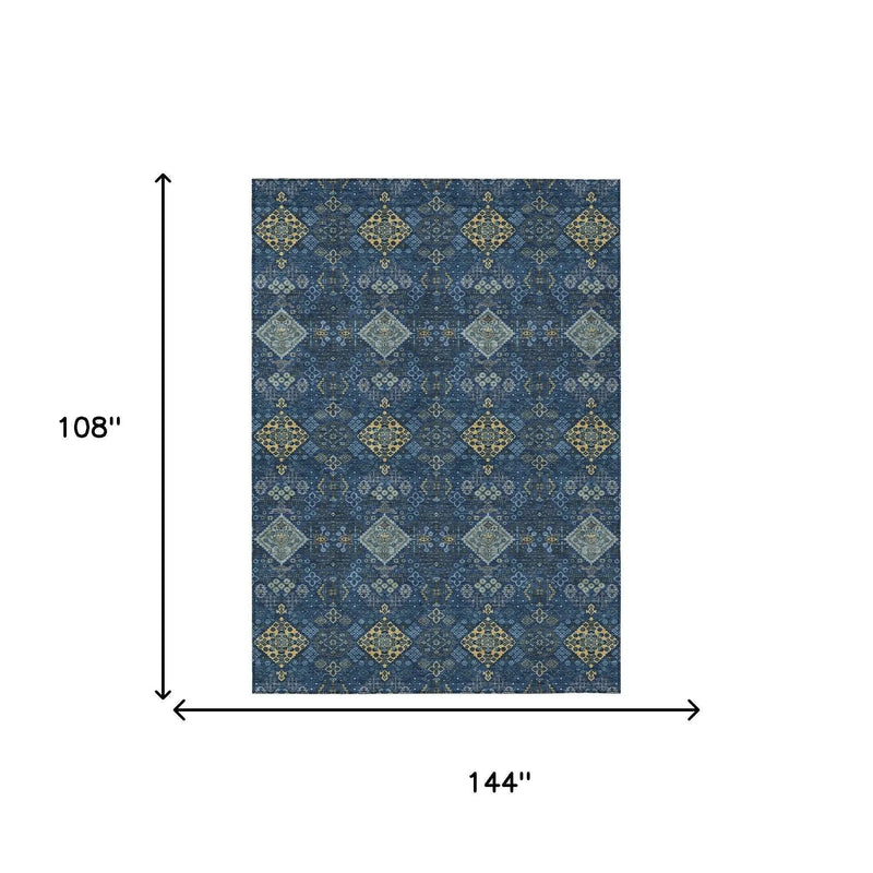 9' X 12' Navy Blue And Gold Geometric Washable Indoor Outdoor Area Rug Homeroots Outdoor