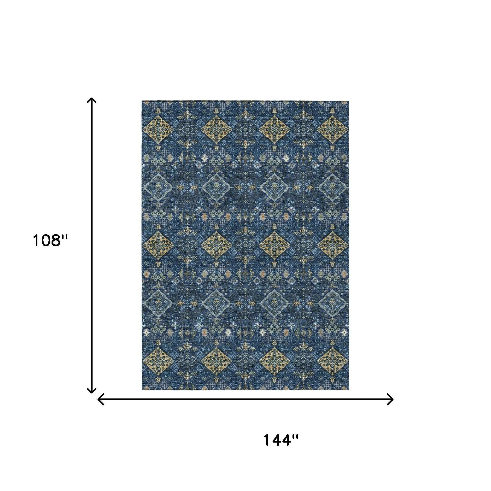 9' X 12' Navy Blue And Gold Geometric Washable Indoor Outdoor Area Rug Homeroots Outdoor