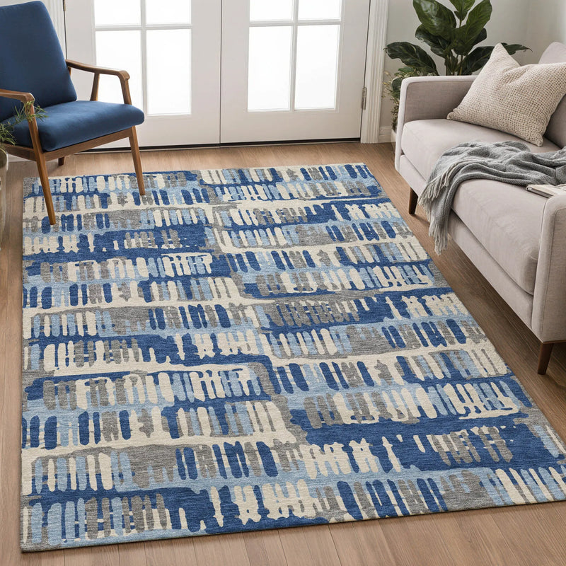 9' X 12' Navy Blue And Gray Abstract Washable Indoor Outdoor Area Rug Homeroots Outdoor