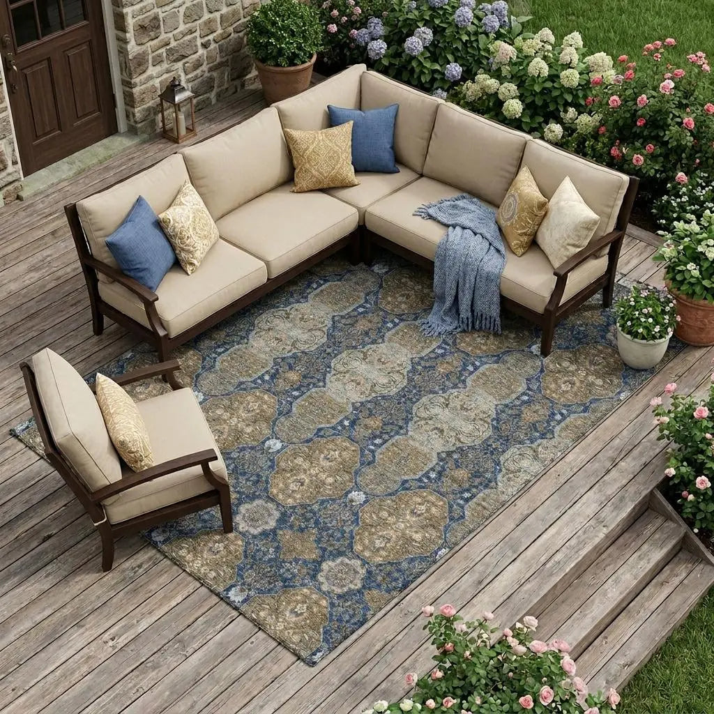 9' X 12' Navy Blue And Gray Floral Washable Indoor Outdoor Area Rug Homeroots Outdoor