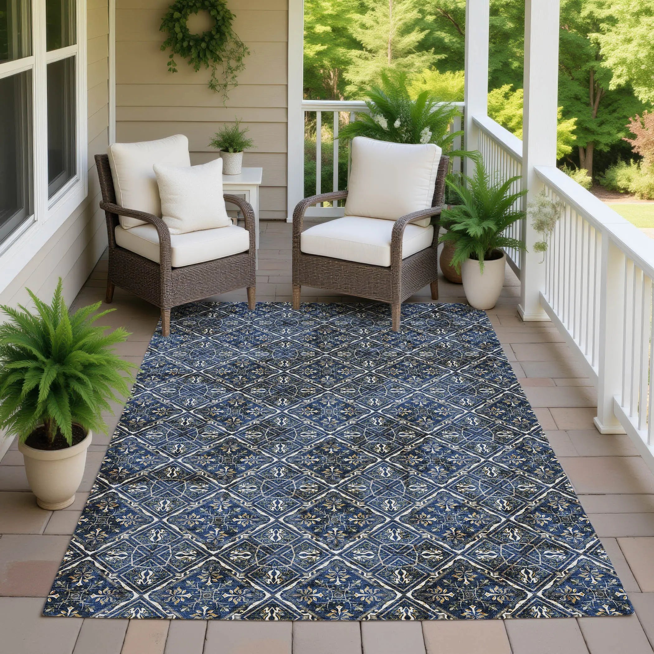 9' X 12' Navy Blue And Gray Geometric Washable Indoor Outdoor Area Rug Homeroots Outdoor