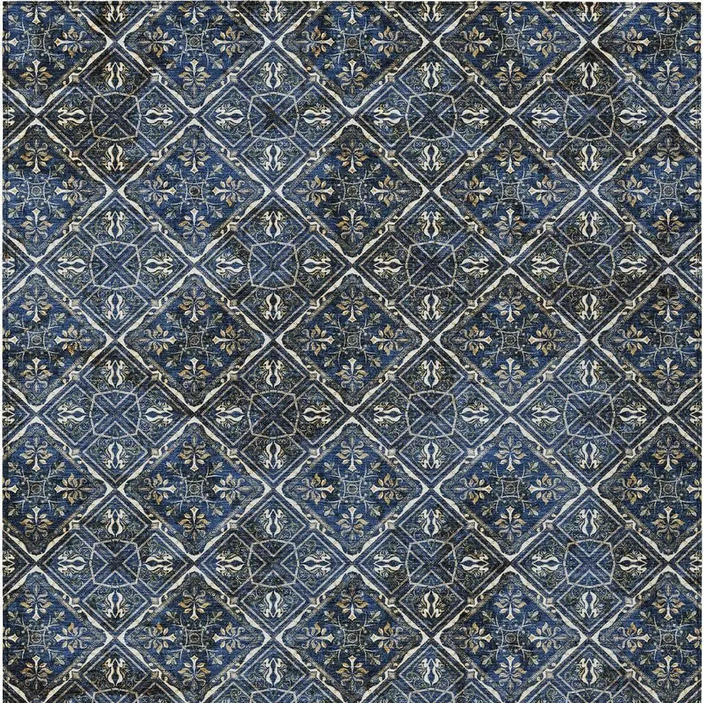 9' X 12' Navy Blue And Gray Geometric Washable Indoor Outdoor Area Rug Homeroots Outdoor