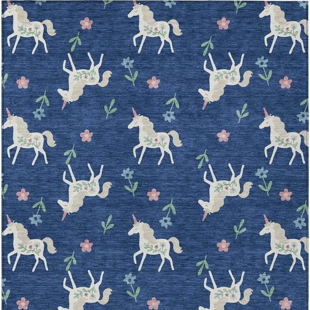 9' X 12' Navy Blue And Green Floral Washable Indoor Outdoor Area Rug Homeroots Outdoor