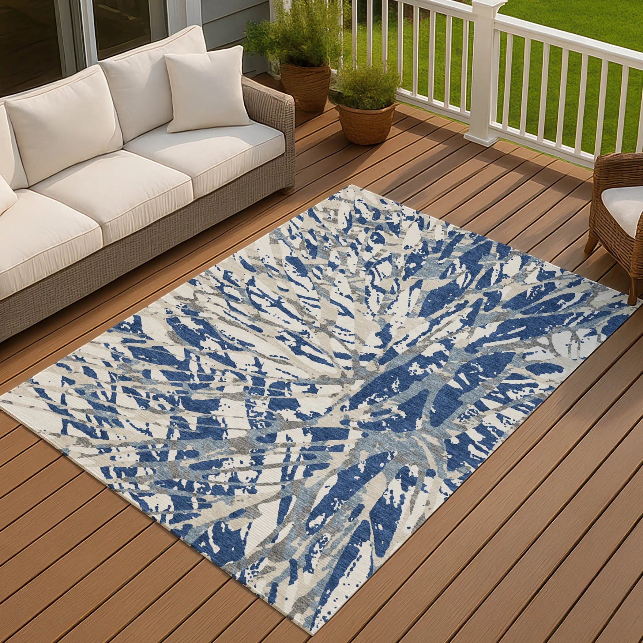 9' X 12' Navy Blue And Ivory Abstract Washable Indoor Outdoor Area Rug Homeroots Outdoor