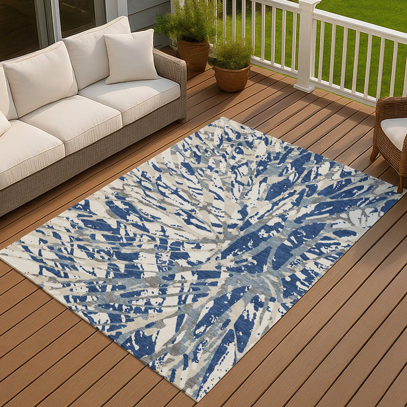 9' X 12' Navy Blue And Ivory Abstract Washable Indoor Outdoor Area Rug Homeroots Outdoor
