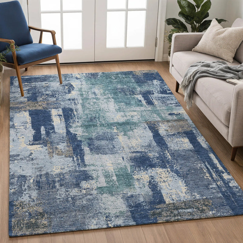 9' X 12' Navy Blue And Ivory Abstract Washable Indoor Outdoor Area Rug Homeroots Outdoor