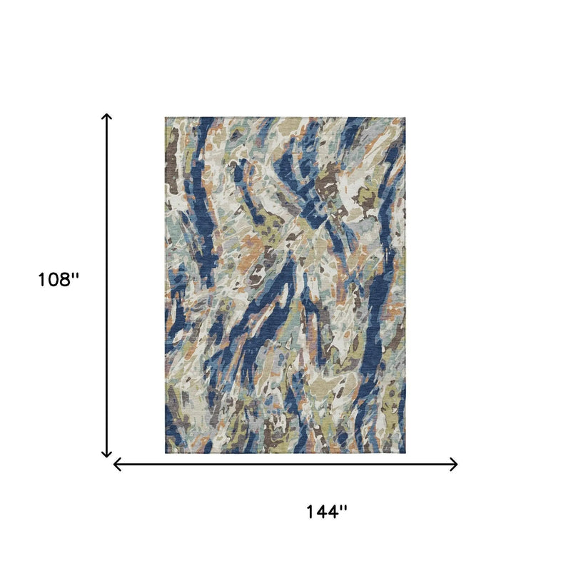 9' X 12' Navy Blue And Ivory Abstract Washable Indoor Outdoor Area Rug Homeroots Outdoor