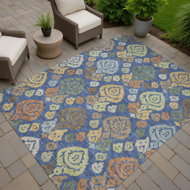 9' X 12' Navy Blue And Ivory Damask Washable Indoor Outdoor Area Rug Homeroots Outdoor