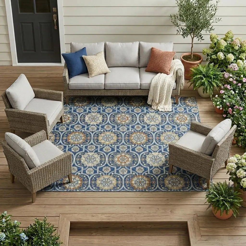 9' X 12' Navy Blue And Ivory Floral Medallion Washable Indoor Outdoor Area Rug Homeroots Outdoor