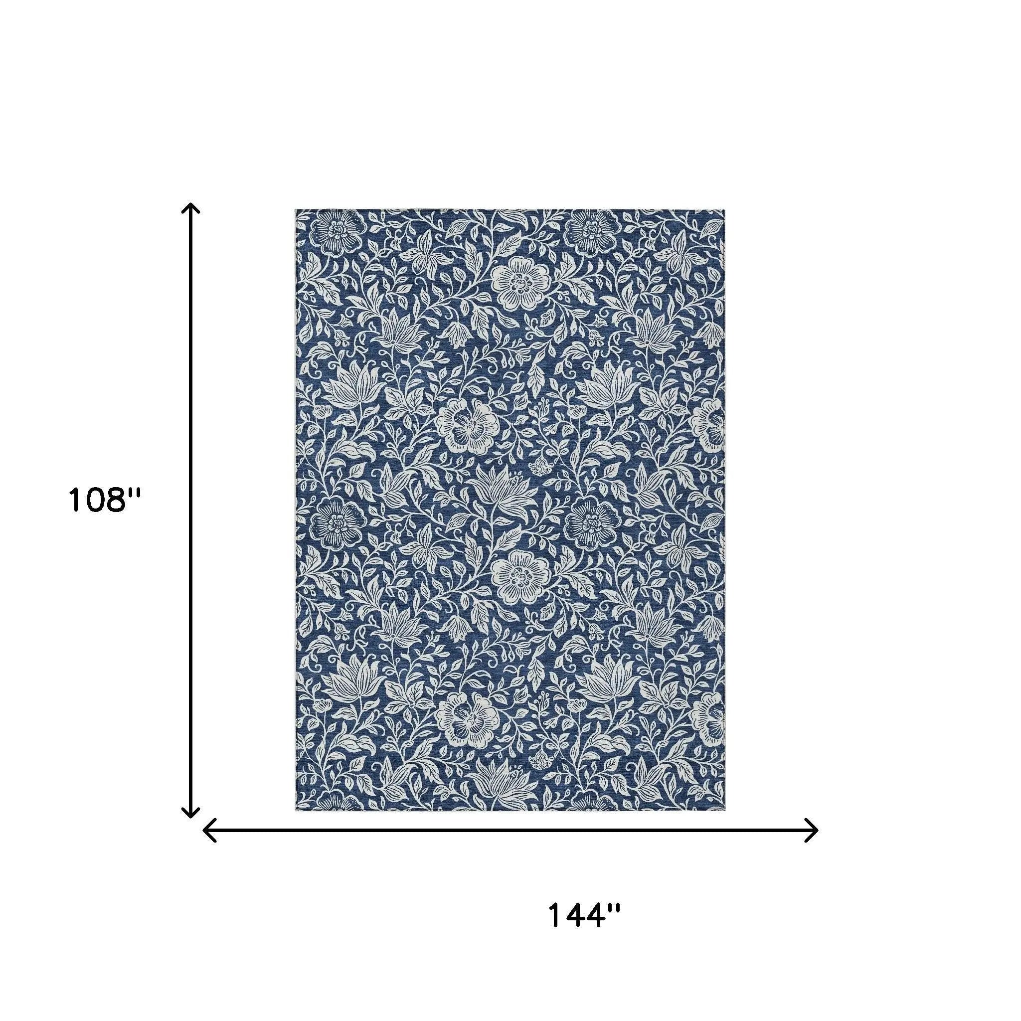 9' X 12' Navy Blue And Ivory Floral Washable Indoor Outdoor Area Rug Homeroots Outdoor