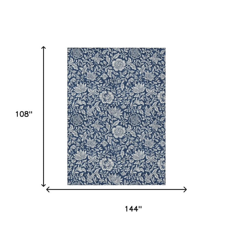 Navy floral pattern fabric, 108" x 144", lightweight cotton material, ideal for curtains or upholstery.
