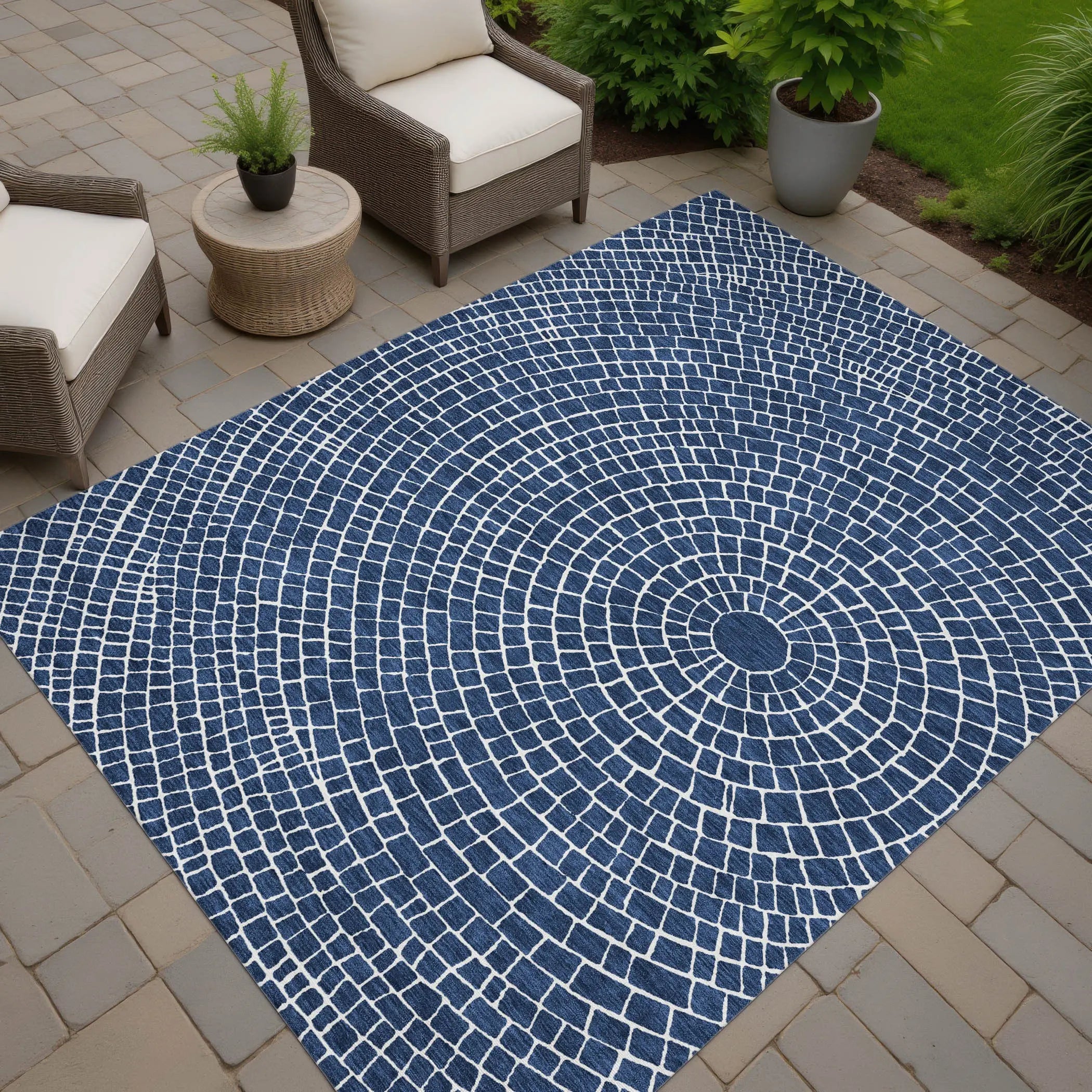 9' X 12' Navy Blue And Ivory Geometric Washable Indoor Outdoor Area Rug Homeroots Outdoor