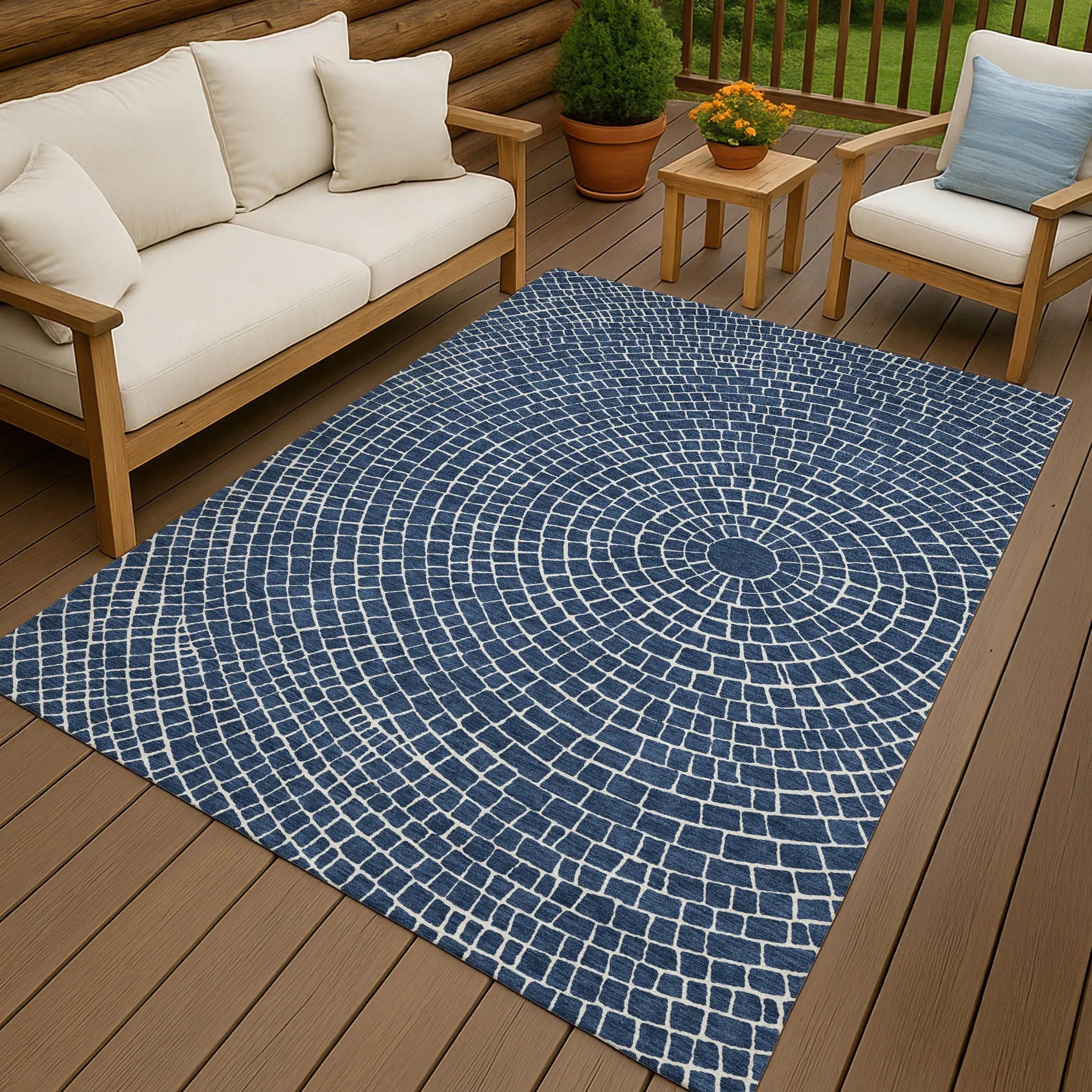 9' X 12' Navy Blue And Ivory Geometric Washable Indoor Outdoor Area Rug Homeroots Outdoor