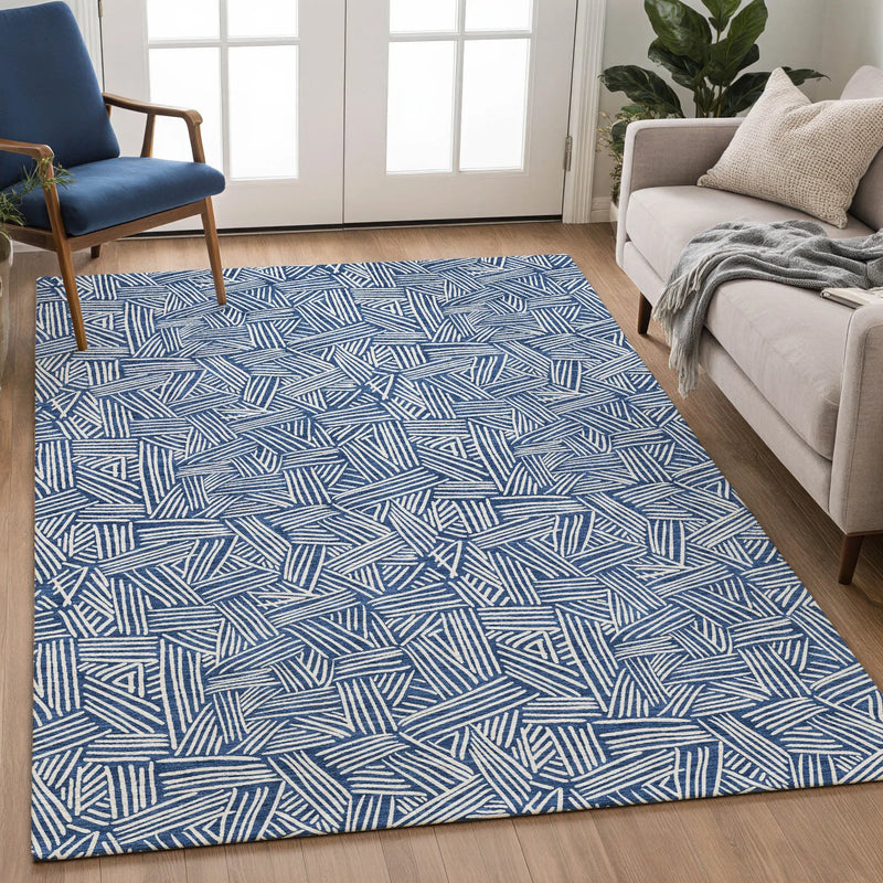 9' X 12' Navy Blue And Ivory Geometric Washable Indoor Outdoor Area Rug Homeroots Outdoor