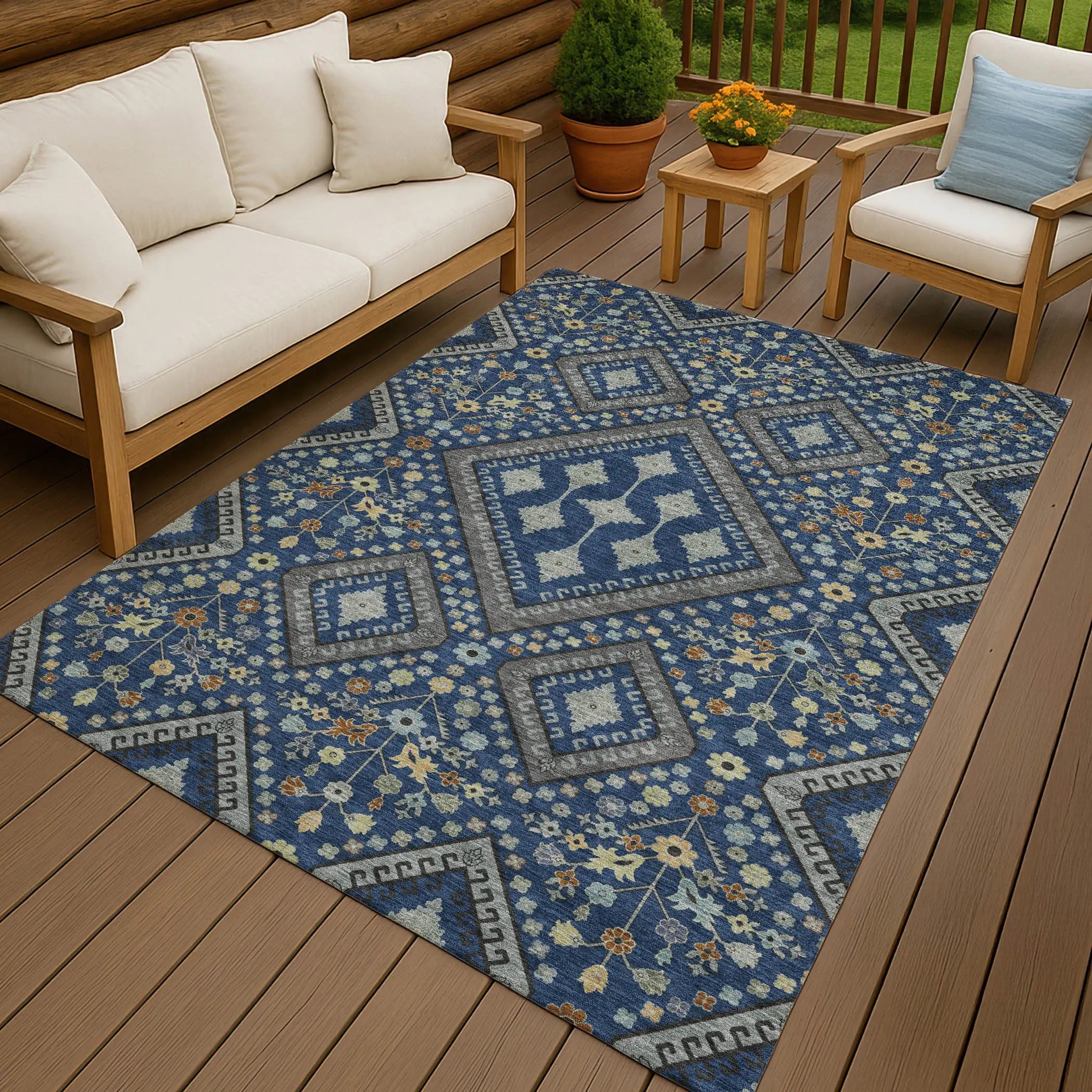 9' X 12' Navy Blue And Ivory Medallion Washable Indoor Outdoor Area Rug Homeroots Outdoor