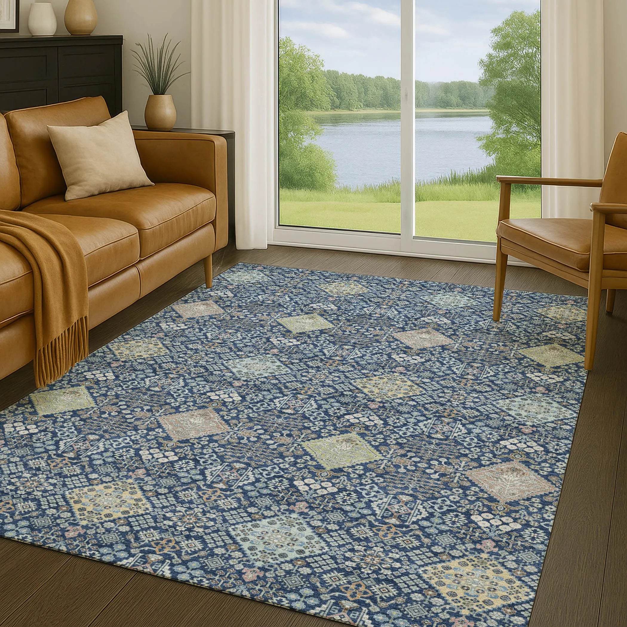 9' X 12' Navy Blue And Ivory Oriental Washable Indoor Outdoor Area Rug Homeroots Outdoor