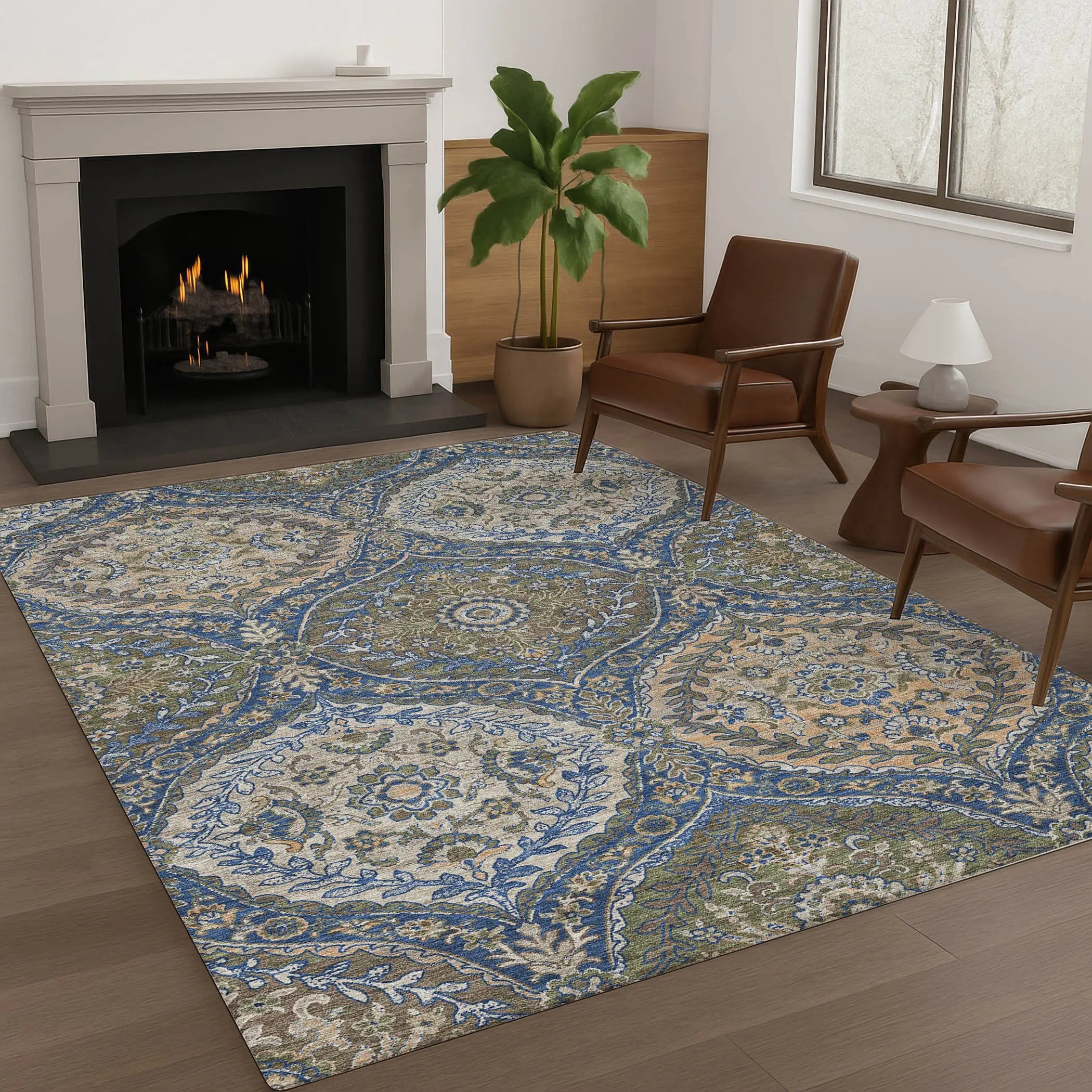 9' X 12' Navy Blue And Linen Ogee Washable Indoor Outdoor Area Rug Homeroots Outdoor